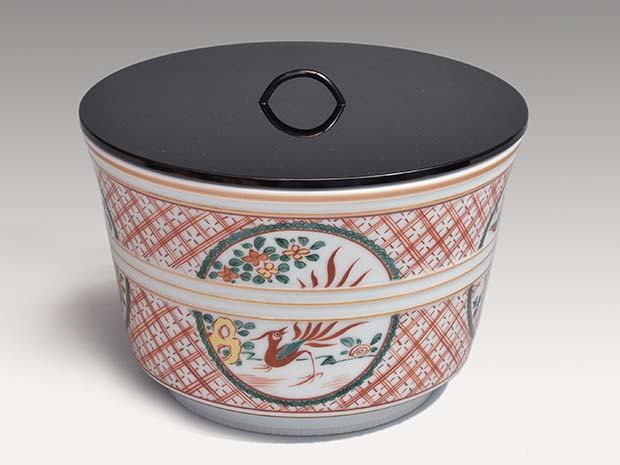 五代 三浦竹泉(作) 赤絵花鳥文水指 共箱 誂え塗蓋付 | 古美術ささき