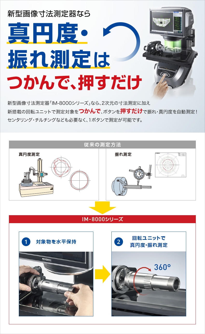 新型画像寸法測定器なら、真円度・振れ測定はつかんで押すだけ