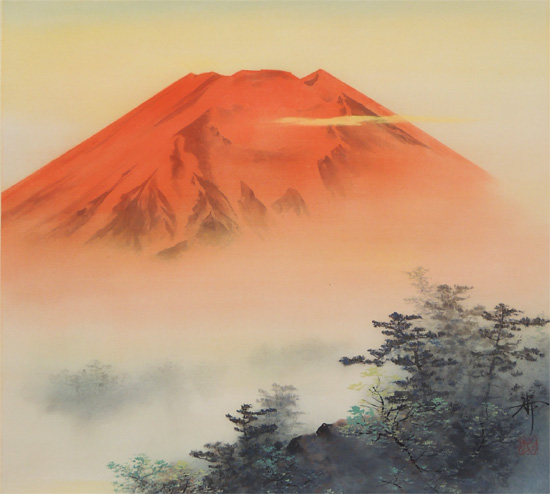 掛け軸 赤富士 (中沢勝) 送料無料 【掛軸】【一間床】【丈の短い掛軸