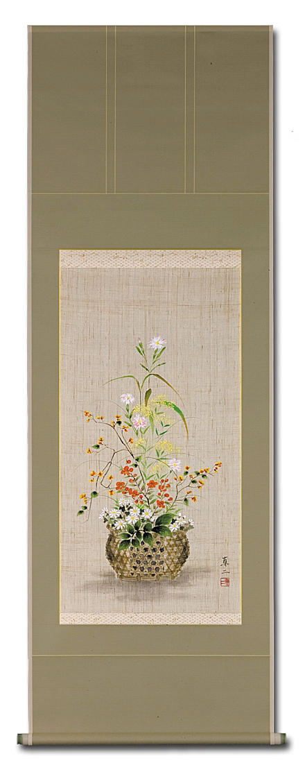 花籠 藤沢真二 尺五アンドン 肉筆！ 花鳥画 - 掛け軸（掛軸）販売通販