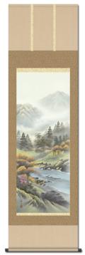 三 渓 筆 【 絹本彩色画 山水画 】 山間部を流れる渓流