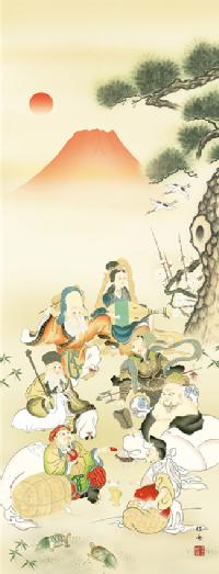 七福神吉祥之図 長江桂舟 尺三 【特価 】！ 開運画 - 掛け軸（掛軸