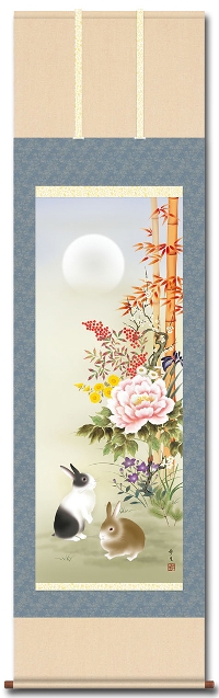 吉祥名花兔之図 北山 歩生 尺三 【うさぎ・兔・卯・干支・四季花