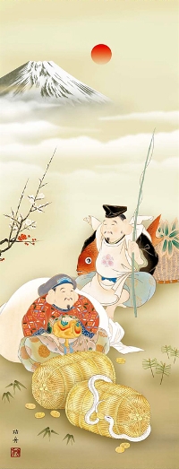 即納品】恵比寿大黒白蛇図（えびすだいこくしろへびず）瀬田功舟【干支