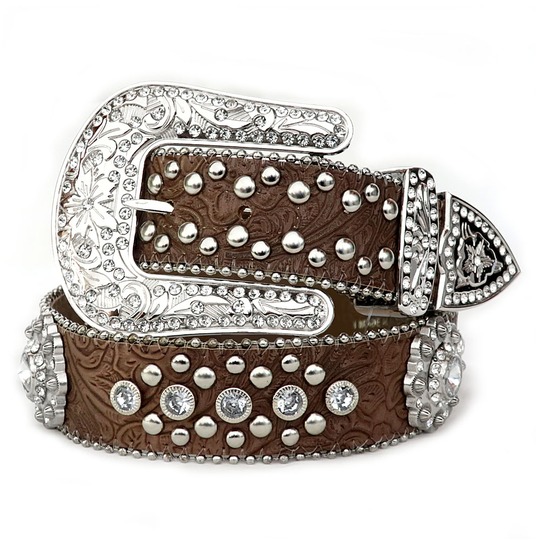ウエスタン カントリー ベルト 茶色 ブラウン 型押し ラインストーン