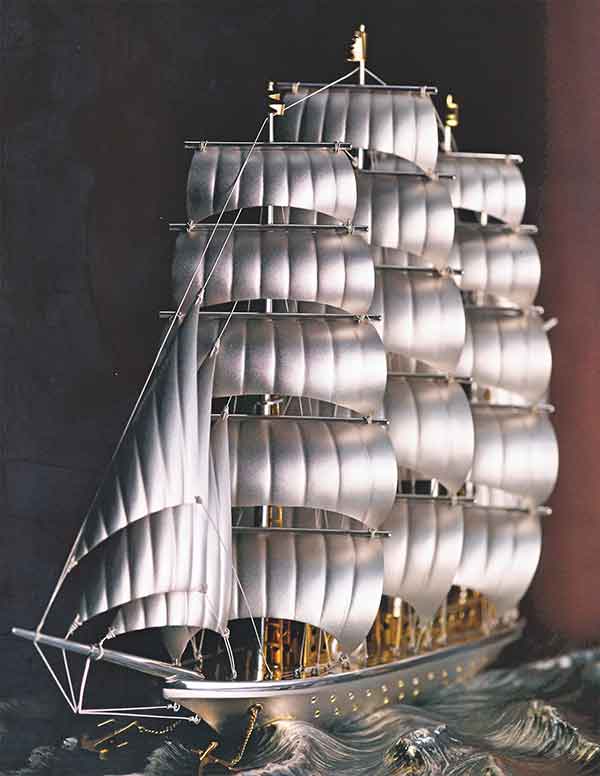 ○5729#0112 SV900 銀線細工 帆船の置物(台座一体型) 0105 ○5729#