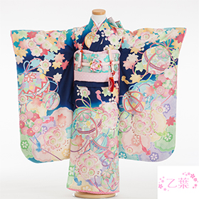 七五三 着物 レンタル 7歳 四つ身セット 320150 乙葉 紺地 桜に鞠 H-2