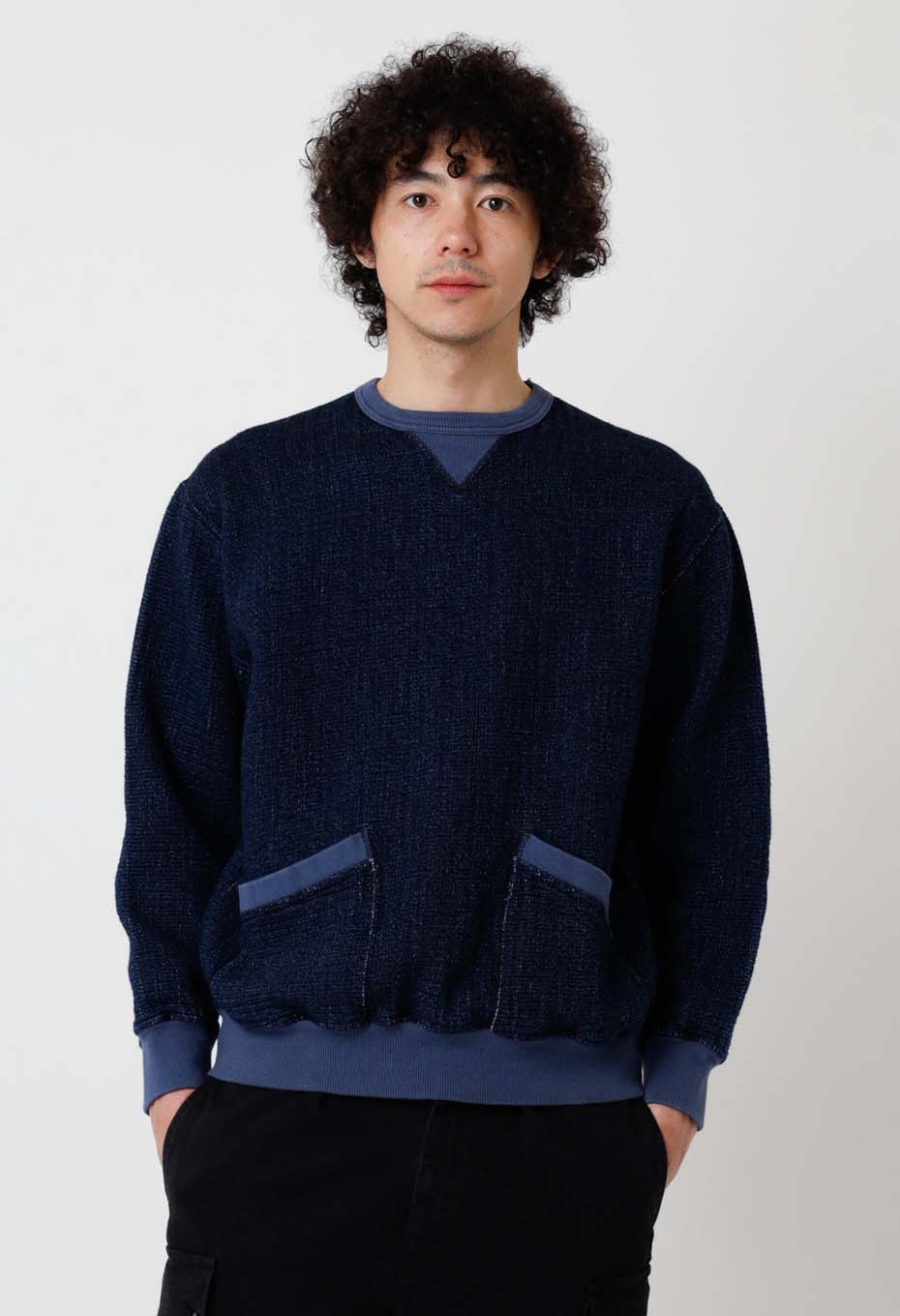 フロージャカード デニムセパレートポケット クルーネックスウェット