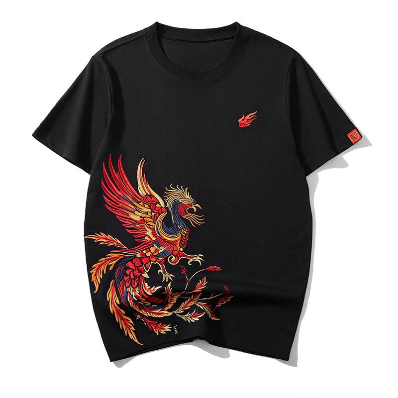 100% Cotton Round Neck Phoenix Embroidery Short Sleeve T-shirt