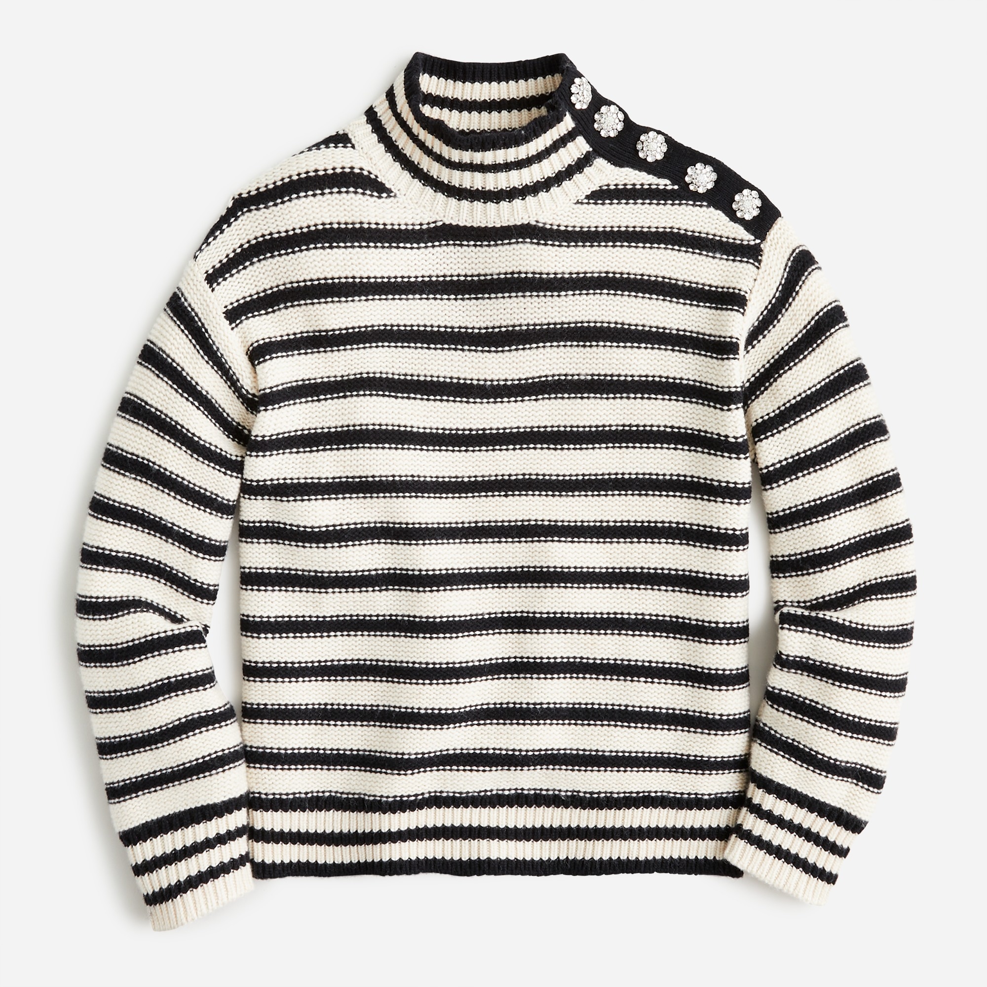 Cable-knit Mockneck Pullover In Stripe With Jewel Buttons For