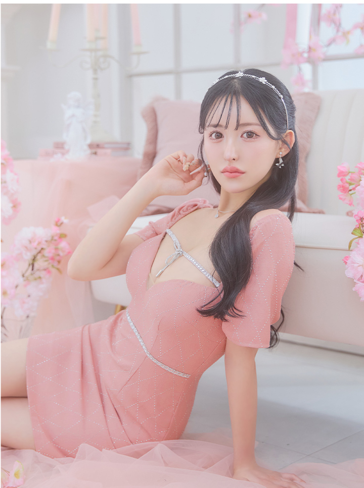 リボンビジュー格子柄半袖ミニドレス/キャバドレス【XS-Lサイズ/1