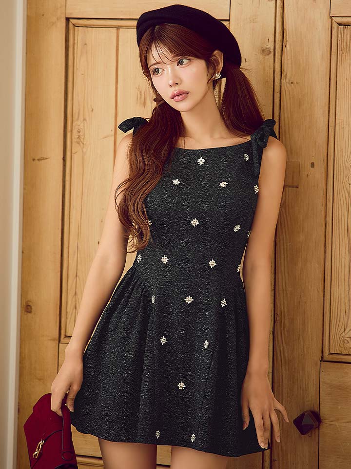 ショルダーリボンビジューフレアミニドレス/キャバドレス【XS-Mサイズ