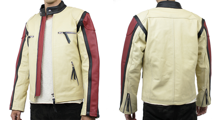 特価品】スリーカラーシングルライダース革ジャン（水牛革）ベージュx