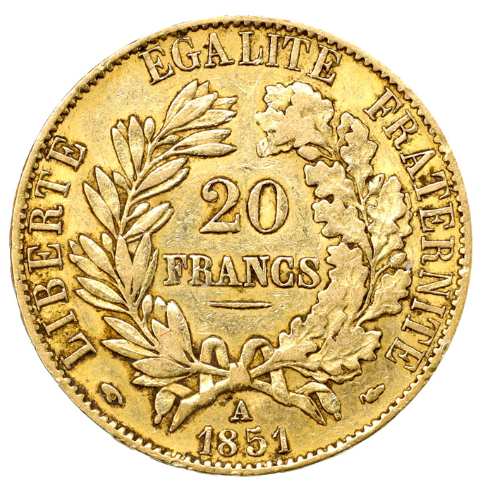 フランス 1851A セレス女神 Ceres 20フラン 金貨 パリミント 美品
