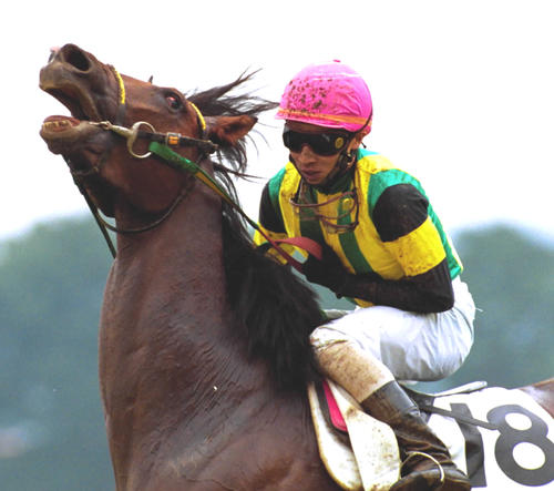 ダービーVで歓声に応えるように頭上げたジャングルポケット 名場面の