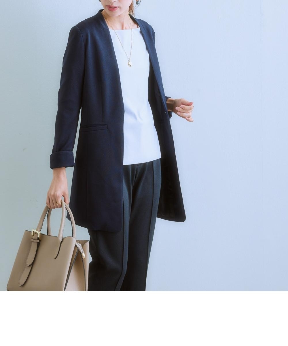 レディーススーツ】セットアップ対応ロング丈ノーカラージャケット