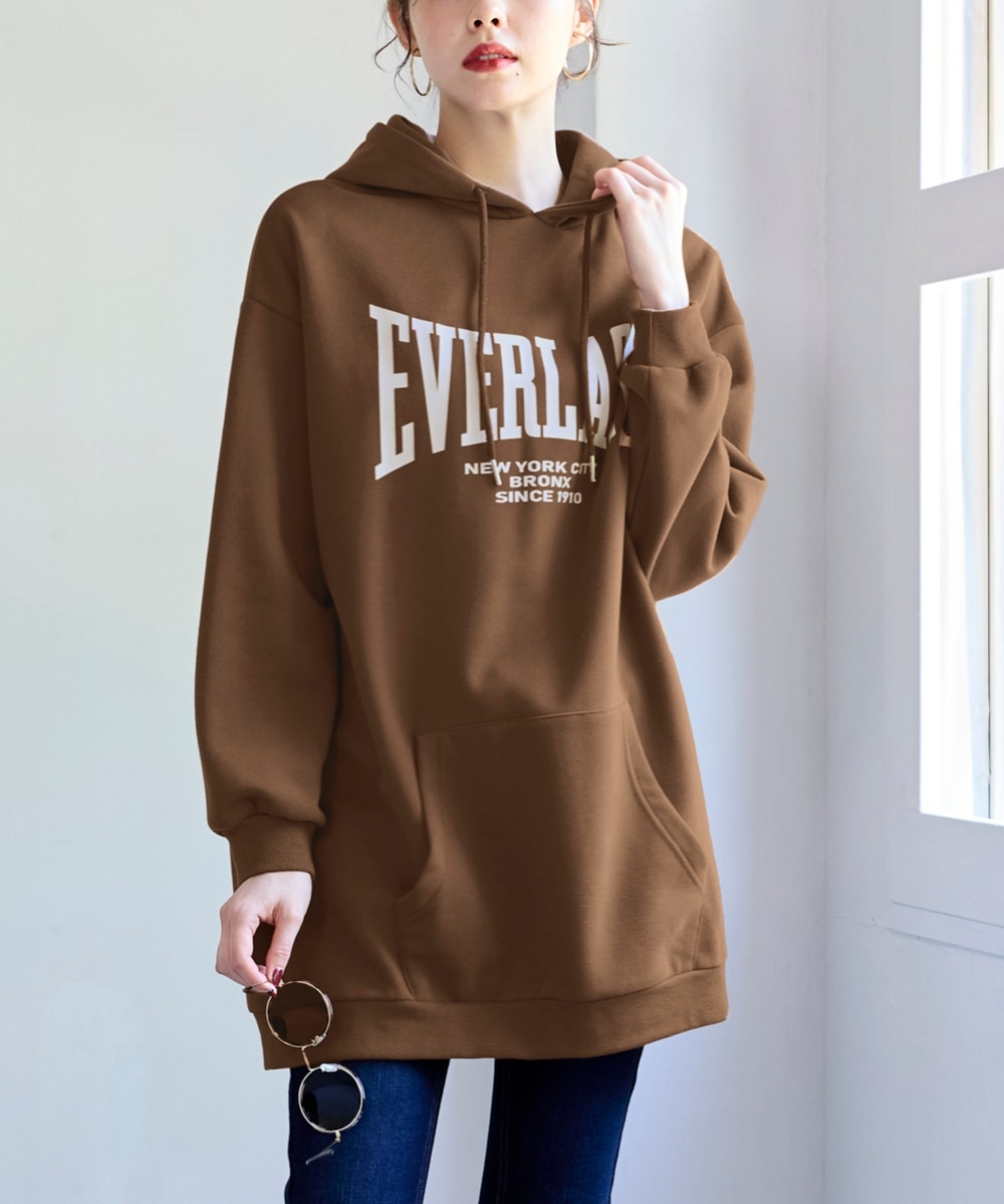 大きいサイズ 綿混裏起毛ロゴプリントロング丈ビッグパーカー（エバー