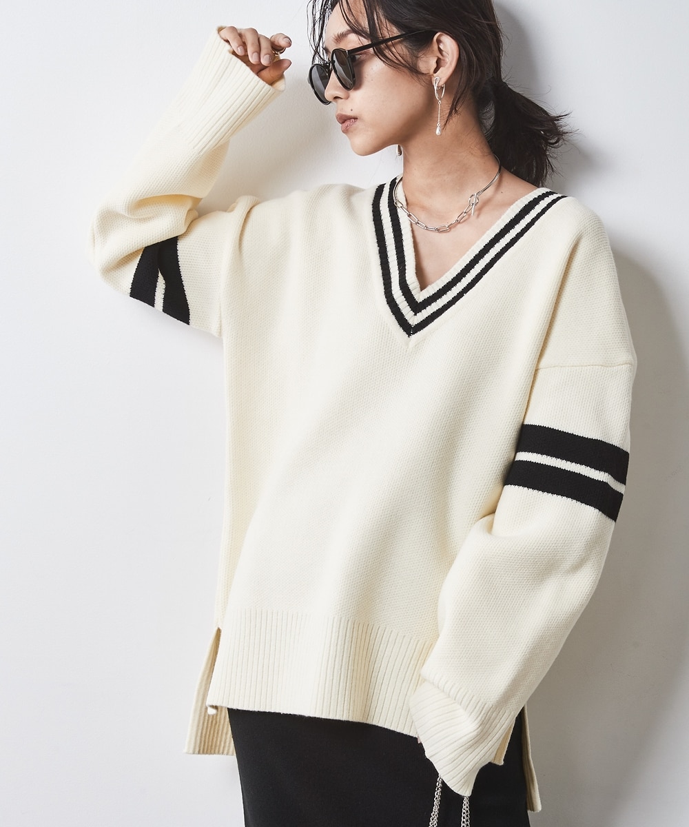 袖ラインVネックニットプルオーバー＜大きいサイズ有＞シックスタイル