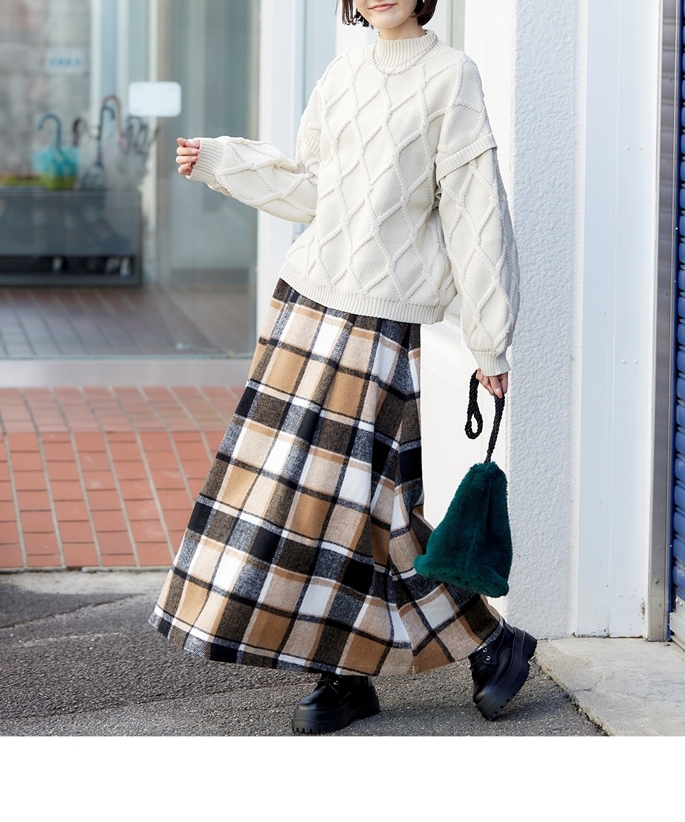 高身長 起毛ビッグチェック柄フレアマキシスカート （トールサイズ