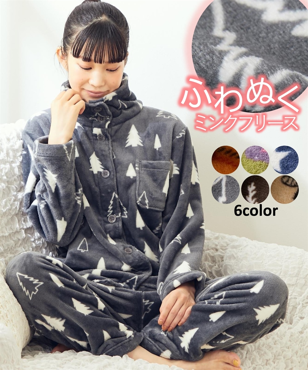 WEB限定】ふわぬくミンクフリース 首元あったか柄シャツパジャマ