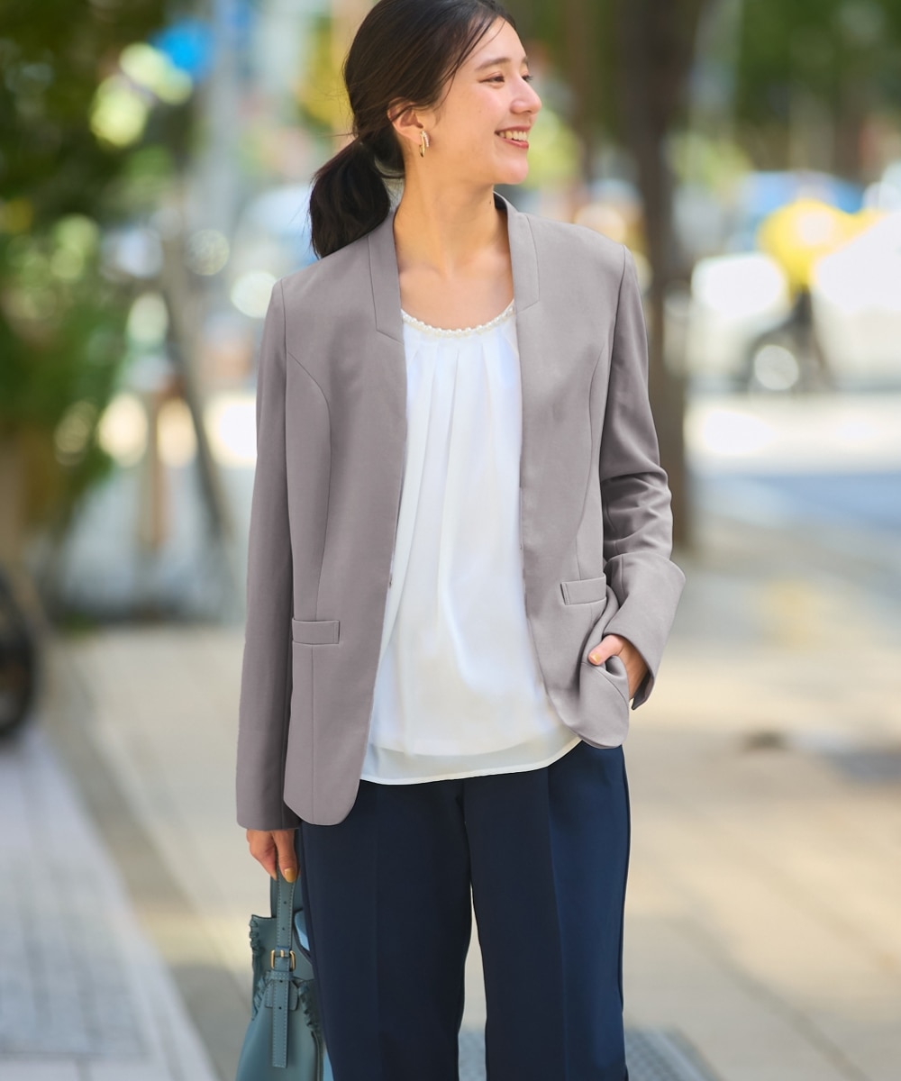 大きいサイズ ノーカラージャケット【はっ水・ストレッチ・形態安定