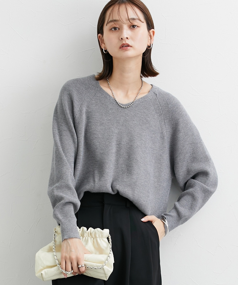もちもち素材 畔編みVネックラグランスリーブニット 通販【ニッセン】