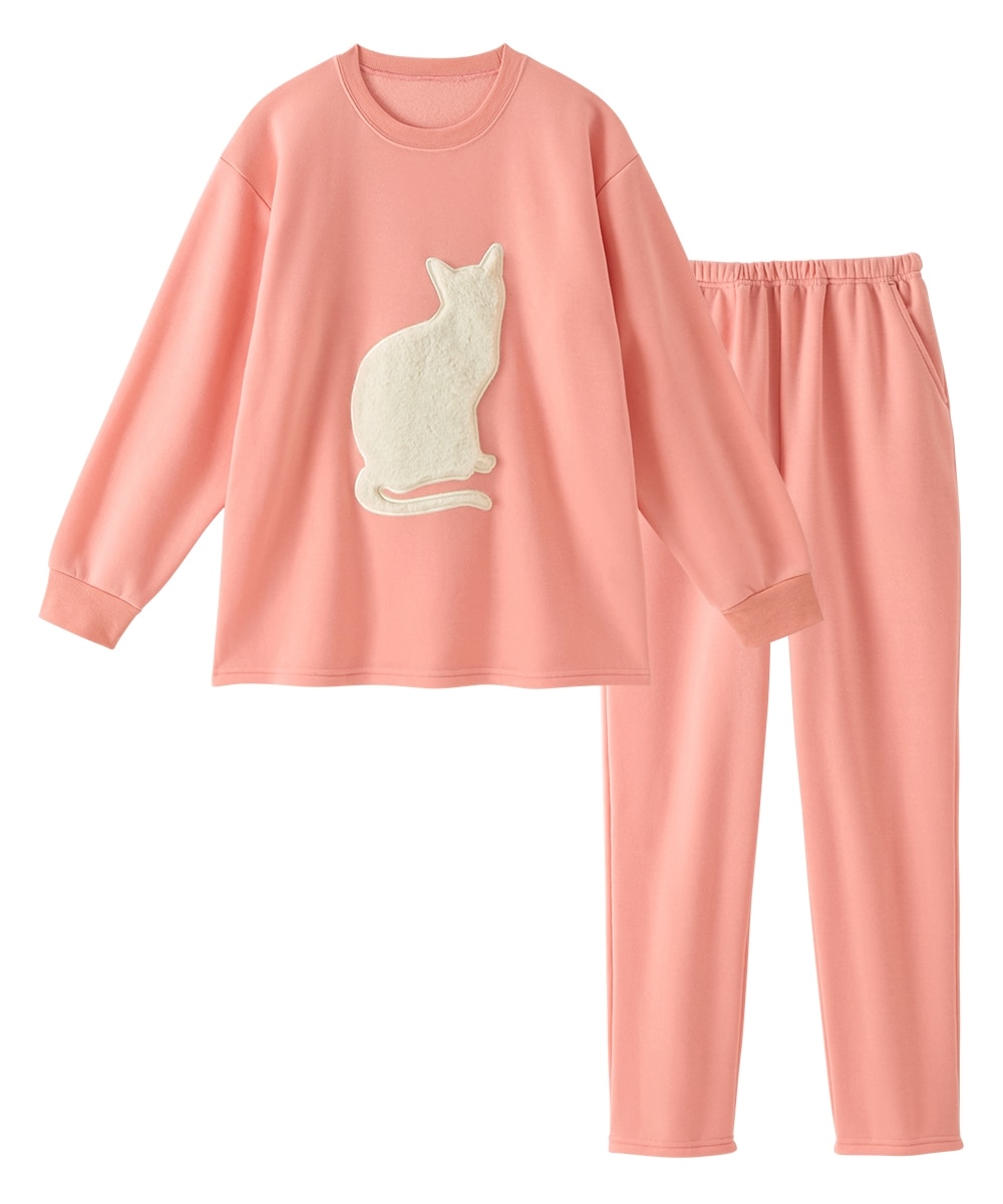 猫アップリケ付き裏起毛ルームウェア上下セット 通販【ニッセン】