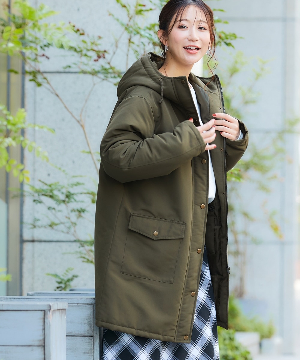 多ポケット中わたマウンテンパーカーコート（ハンズフリー）（ロング丈