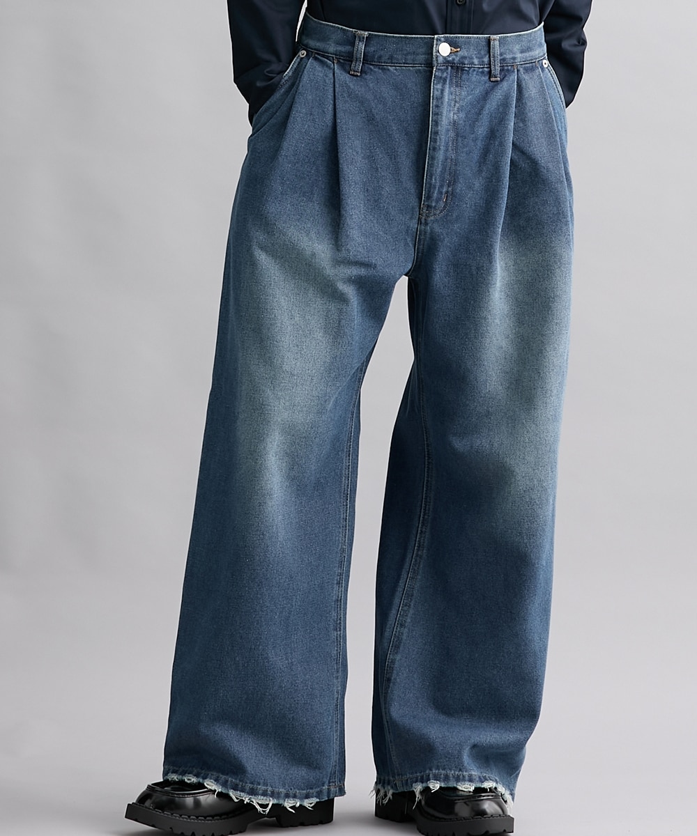 スラブデニム裾ダメージワイドパンツ 通販【ニッセン】