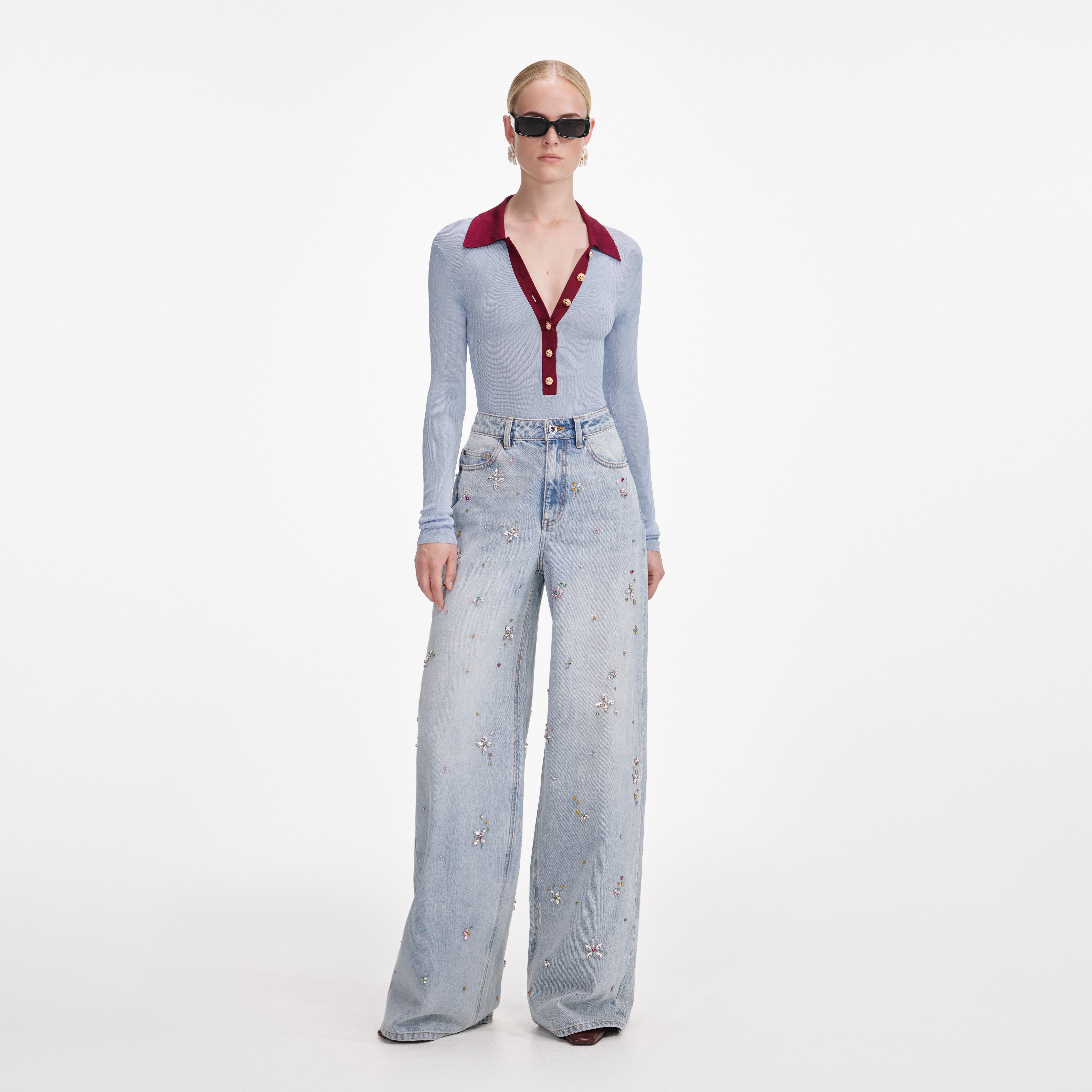 Blue Viscose Knit Bodysuit – self-portrait