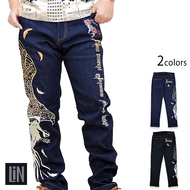 黒菟華 鷹の刺繍デニムジーンズ LIN AL-759021 ジーパン 和柄 和風 兎