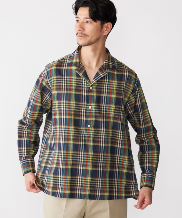 SHIPS: オープンカラー コットン リネン マドラスチェック プル