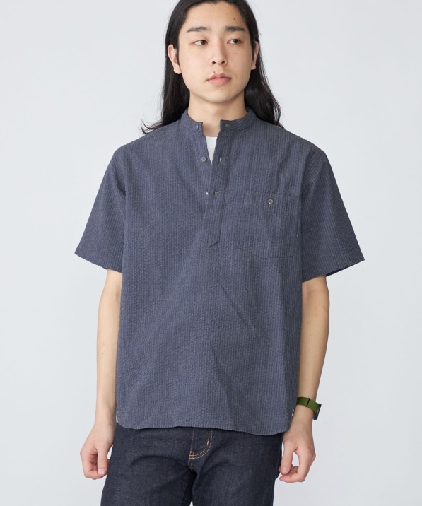 SHIPS: シアサッカー プルオーバー バンドカラー ショートスリーブ