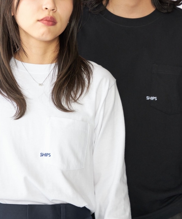 WEB限定】SHIPS: マイクロ SHIPSロゴ ポケット ロングスリーブ Tシャツ