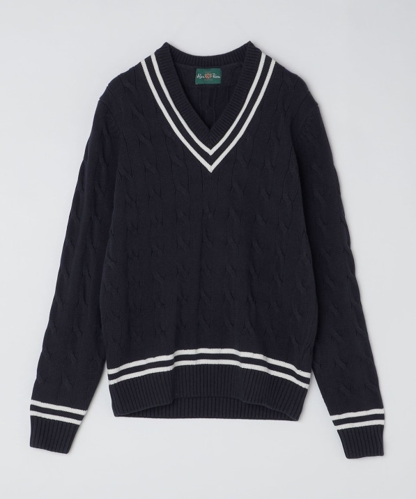 ALANPAINE: 7ゲージ ケーブル編み Vネック クリケット セーター
