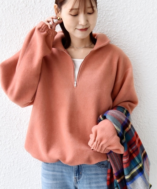 洗濯機可能〉フリース 裾 ドロスト ハーフ ジップ プルオーバー