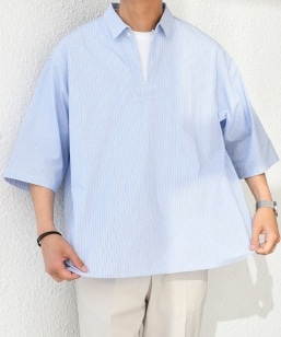 SHIPS any: コットン/リネン バンド スキッパー ハーフスリーブ シャツ