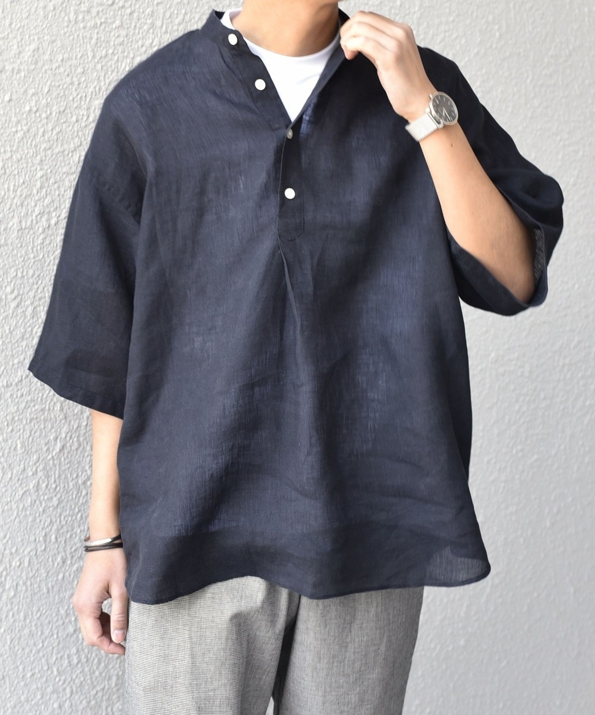 SHIPS any: ピュアリネン バンド スキッパー ハーフスリーブ プル