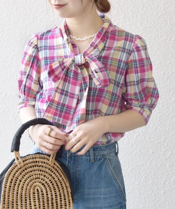 SHIPS any:〈洗濯機可能〉マドラス チェック ボウタイ パフスリーブ