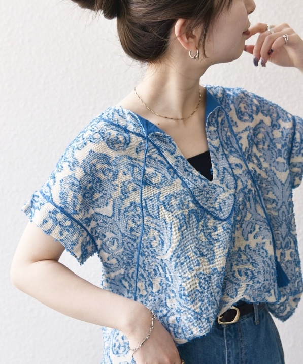 SHIPS any:〈手洗い可能〉メッシュ ジャカード カフタン スキッパー