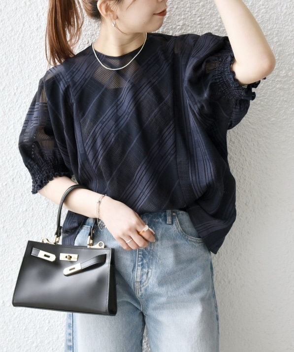 SHIPS any:〈洗濯機可能〉シアー チェック ドルマン シャーリング パフ