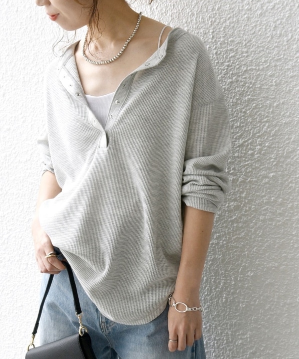 SHIPS any:〈洗濯機可能〉ワッフル ヘンリーネック ラウンドヘム プル