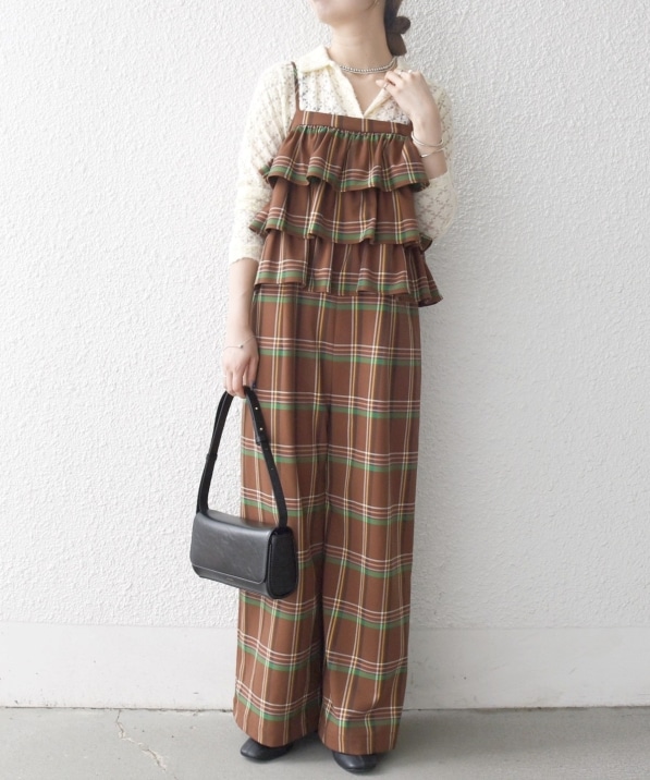 SHIPS any:〈洗濯機可能〉チェック フリル ティアード サロペット