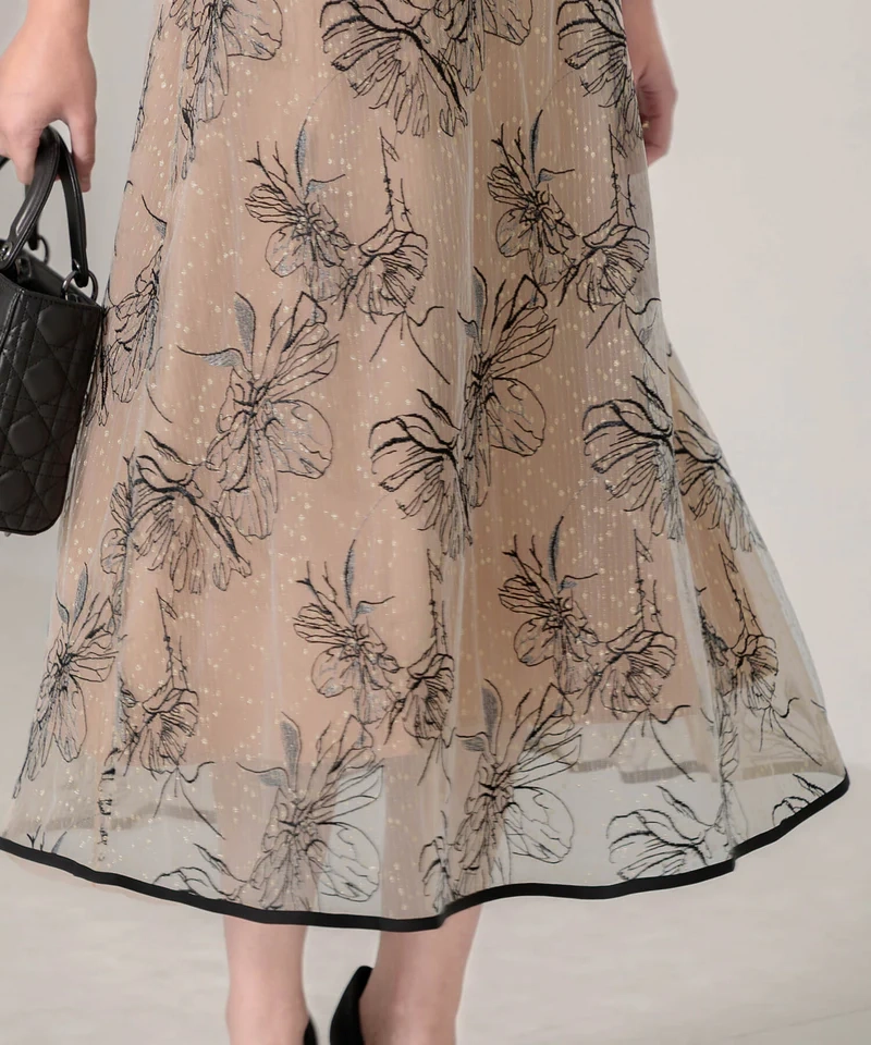 Sサイズ】配色パピングプチハイネック花柄刺繍ラメレースロング丈