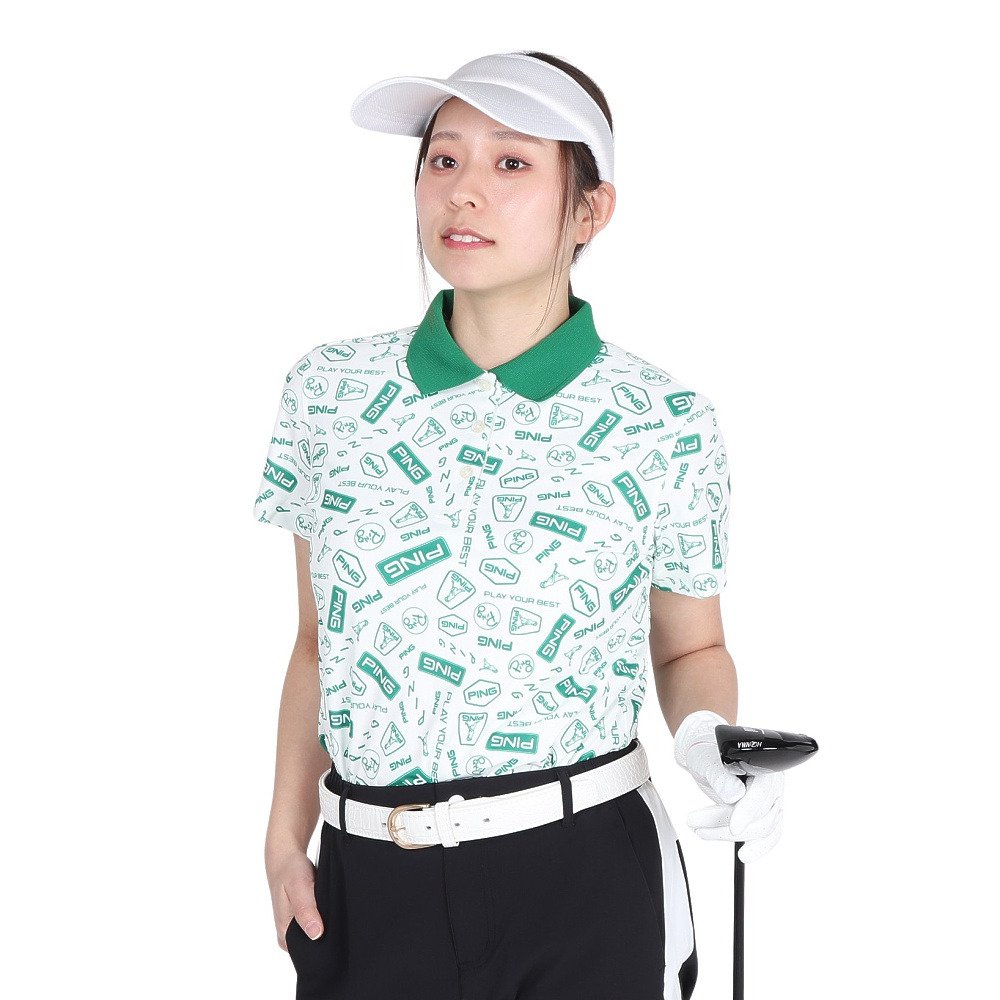 ピン（PING）（レディース）ゴルフウェア 総柄プリント 半袖ポロシャツ