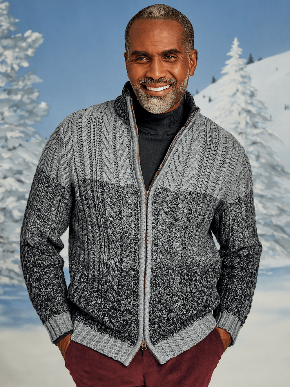 Cotton Cable Full Zip Mock Neck Sweater - Black/grey – Paul Fredrick