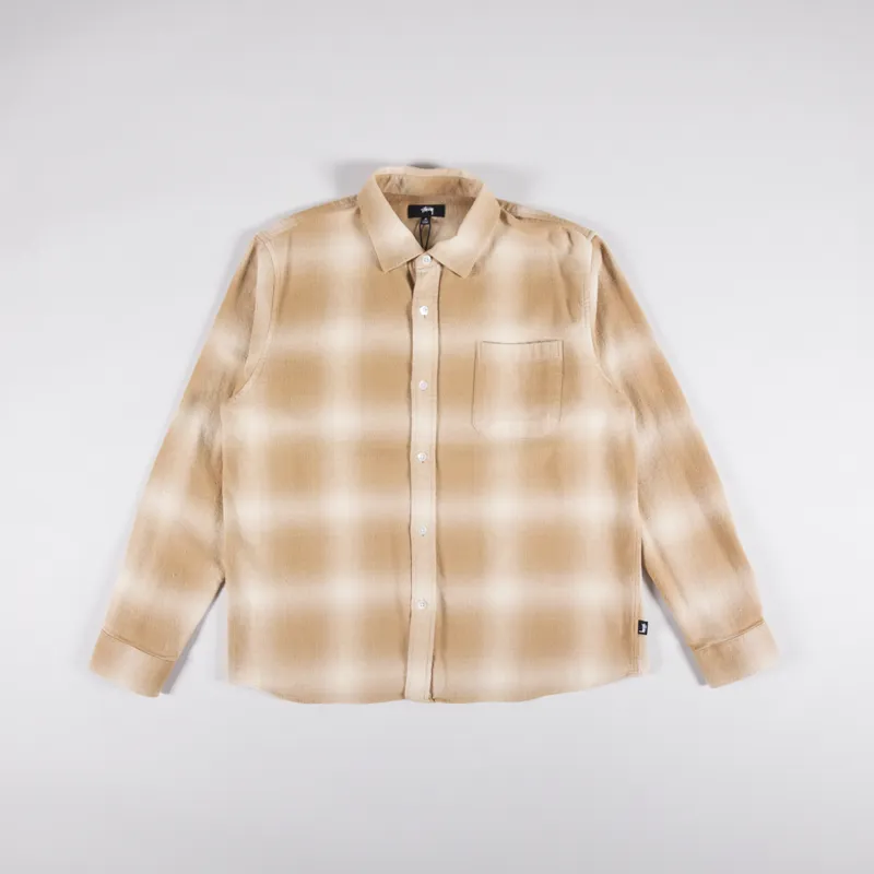 Stussy Mens Long Sleeve Bay Plaid Shirt Tan Brown
