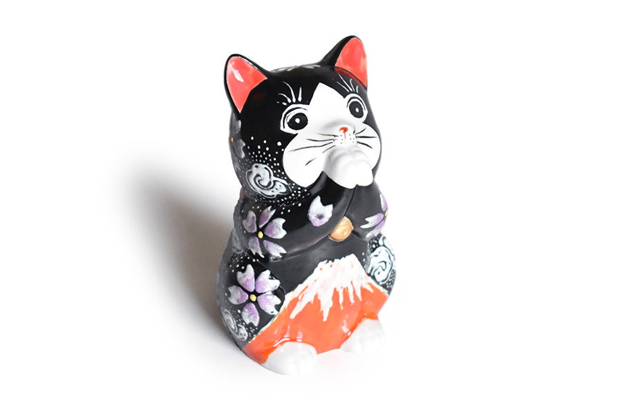九谷焼 お祈り猫 置物 赤富士