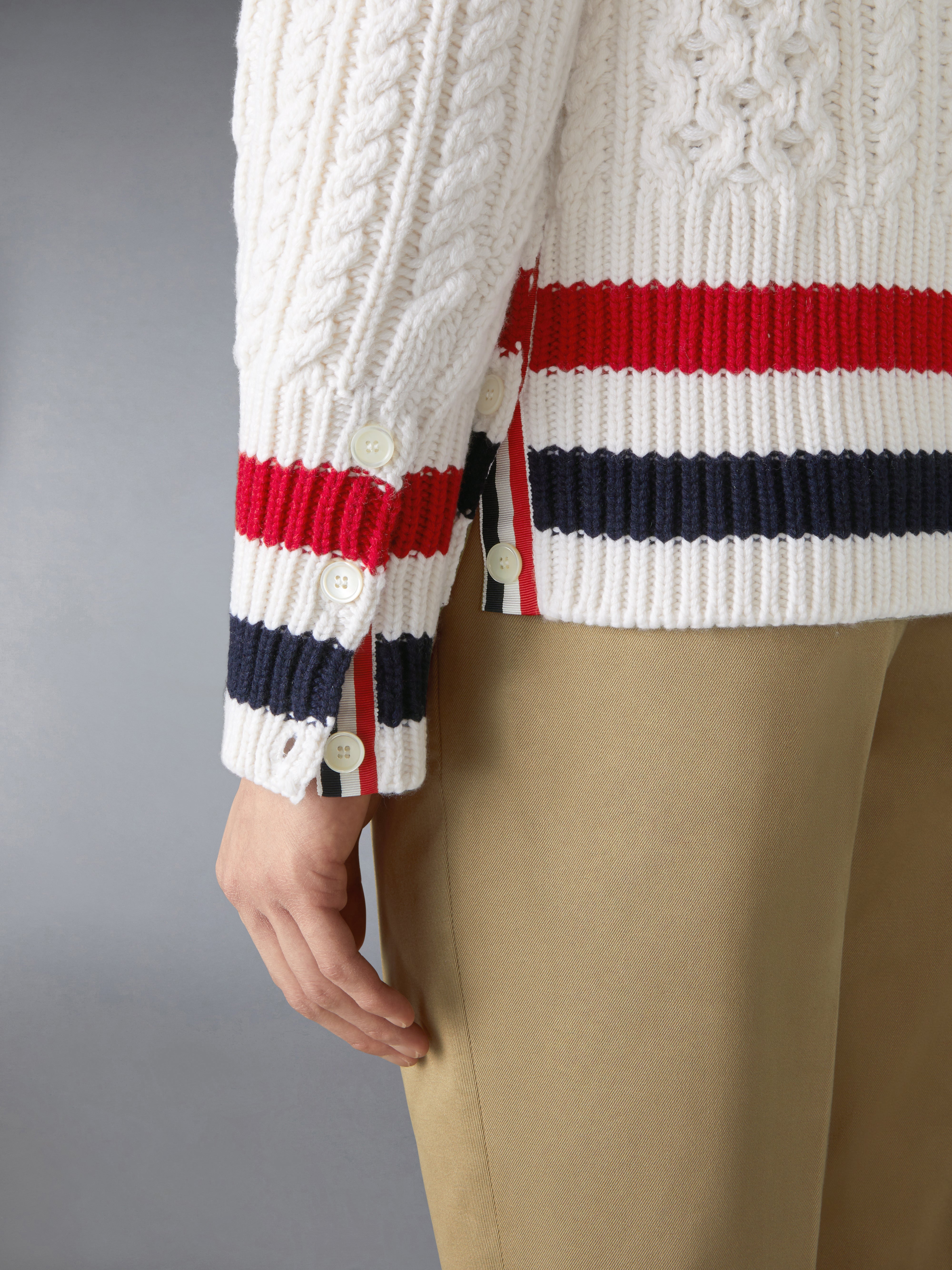 Aran Cable Cashmere Rwb Stripe Cardigan | Thom Browne