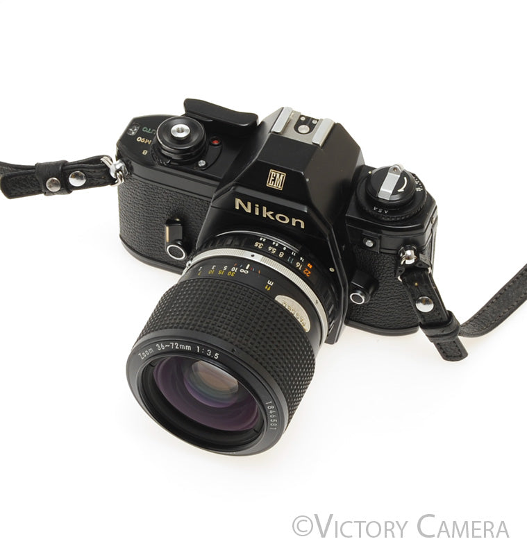 Nikon EM Black 35mm Film Camera with Nikon E Series 36-72mm Zoom Lens